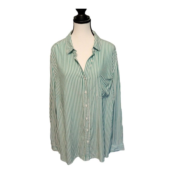 beachlunchlounge Tops - Beach Lunch Lounge Womens Green White Striped Long Sleeve Hi-Lo Button Shirt 3X
